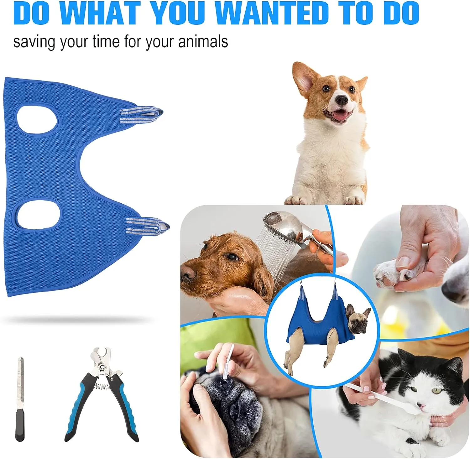 10 in 1 Pet Grooming Hammock Harness with Nail Clippers/Trimmer, Grooming Sling for Small Animals Nail Trimming/Clipping For Cat&Dog (XXS/Under 10lb Blue)