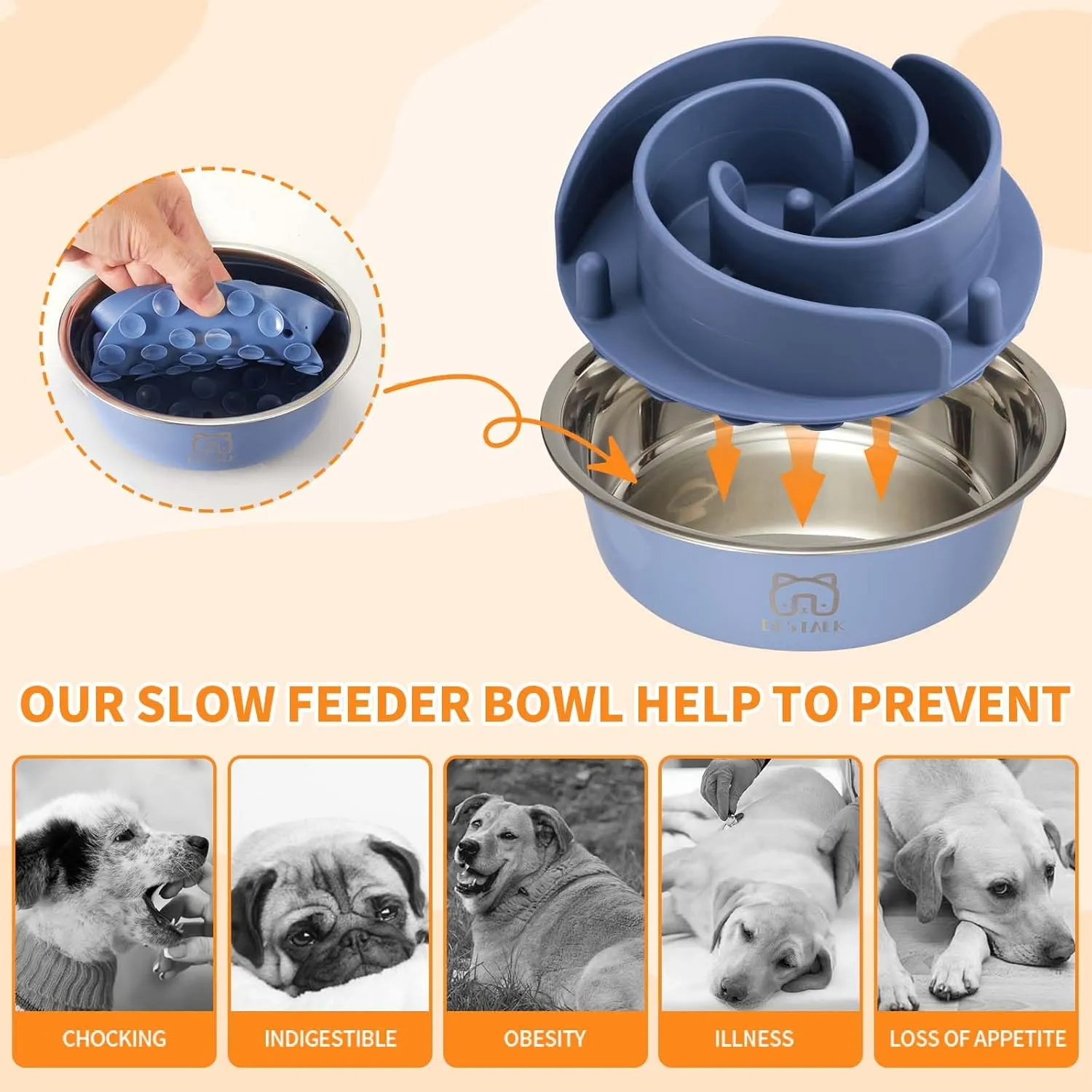 2-in-1 Metal Slow Feeder Dog Bowl, Bestalk Stainless Steel Dog Bowls with Silicone Slow Feeder Insert, Food Grade 304 Water Food Bowl with Anti-Slip Base for Small, Medium, Large Dogs