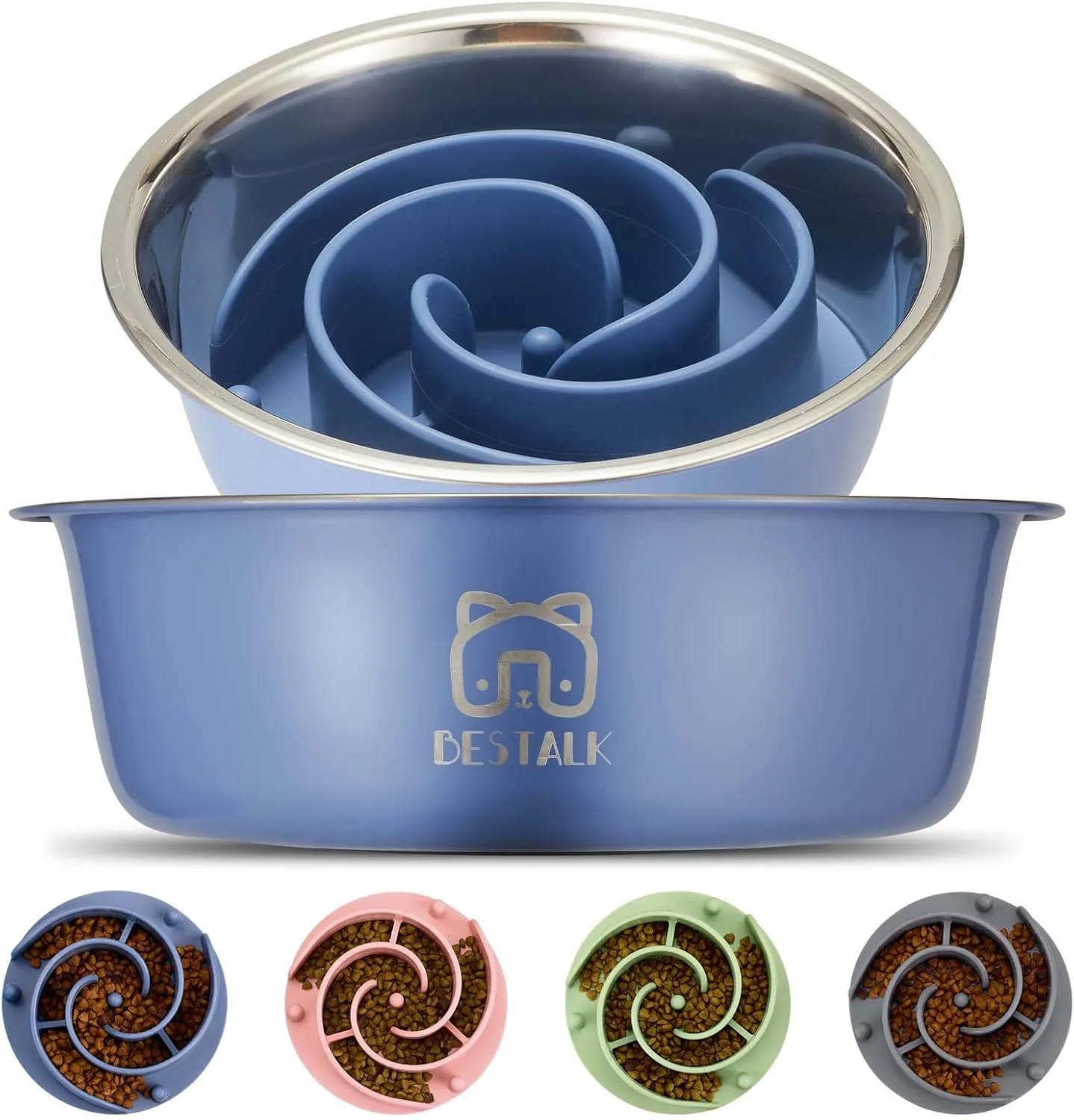 2-in-1 Metal Slow Feeder Dog Bowl, Bestalk Stainless Steel Dog Bowls with Silicone Slow Feeder Insert, Food Grade 304 Water Food Bowl with Anti-Slip Base for Small, Medium, Large Dogs