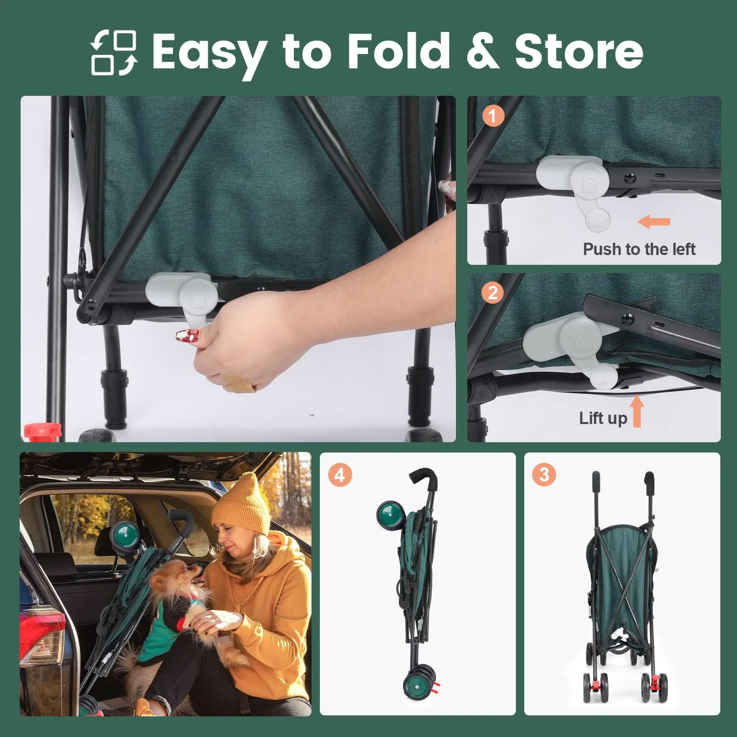 3 in 1 Pet Stroller for Small Dogs and Cats, Foldable Pet Stroller with Adjustable Handle, 6 Wheels, Breathable Mesh, Large Capacity, Easy to Carry, Green (Dark Green B)