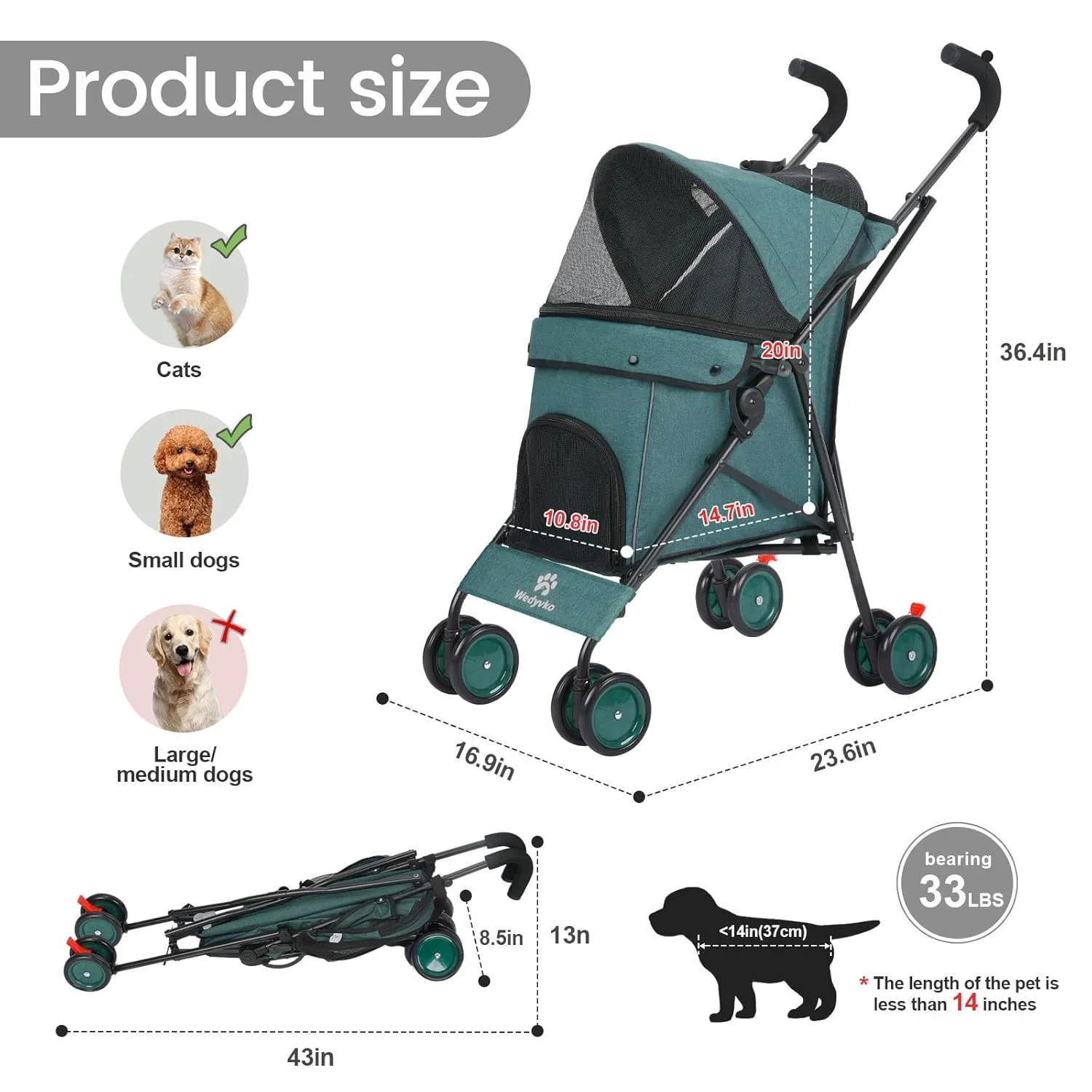 3 in 1 Pet Stroller for Small Dogs and Cats, Foldable Pet Stroller with Adjustable Handle, 6 Wheels, Breathable Mesh, Large Capacity, Easy to Carry, Green (Dark Green B)