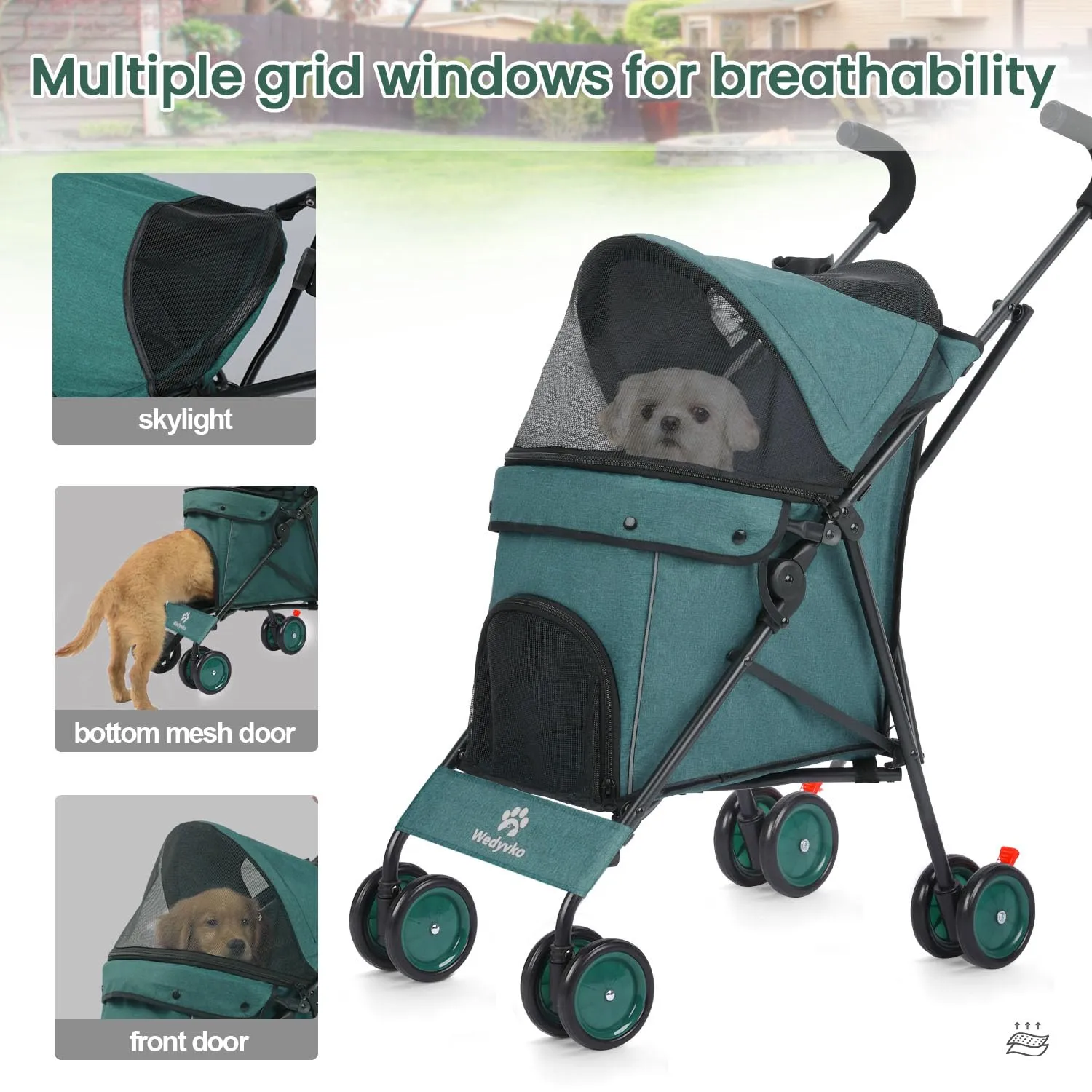 3 in 1 Pet Stroller for Small Dogs and Cats, Foldable Pet Stroller with Adjustable Handle, 6 Wheels, Breathable Mesh, Large Capacity, Easy to Carry, Green (Dark Green B)