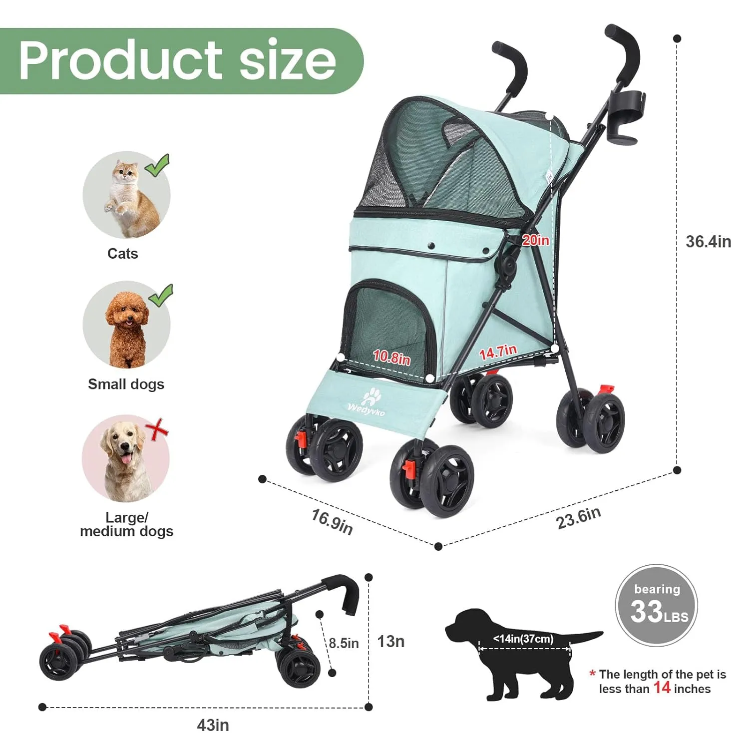 3 in 1 Pet Stroller for Small Dogs and Cats, Foldable Pet Stroller with Adjustable Handle, 6 Wheels, Breathable Mesh, Large Capacity, Easy to Carry, Green (Tealblue)