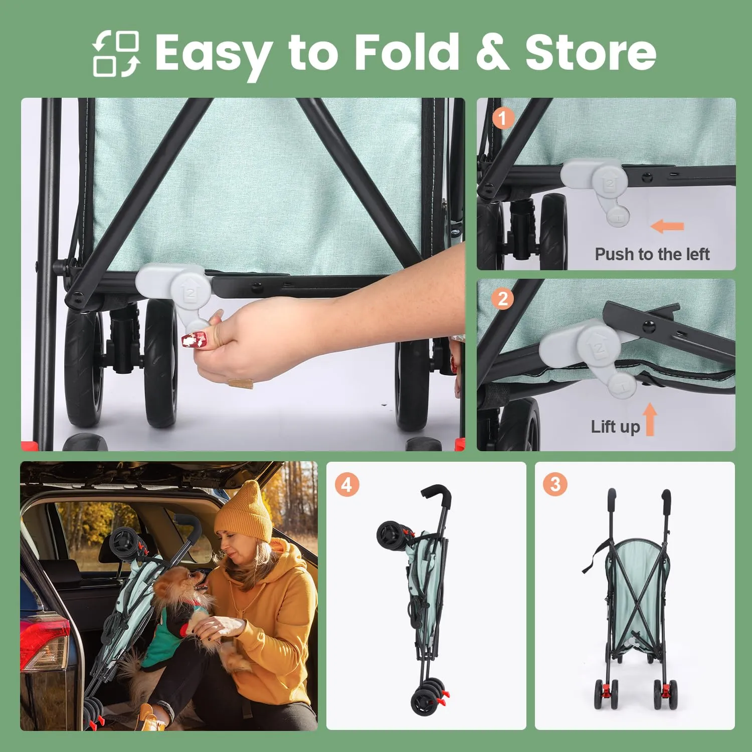 3 in 1 Pet Stroller for Small Dogs and Cats, Foldable Pet Stroller with Adjustable Handle, 6 Wheels, Breathable Mesh, Large Capacity, Easy to Carry, Green (Tealblue)