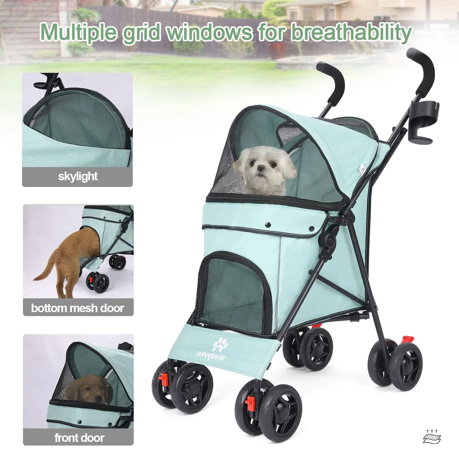 3 in 1 Pet Stroller for Small Dogs and Cats, Foldable Pet Stroller with Adjustable Handle, 6 Wheels, Breathable Mesh, Large Capacity, Easy to Carry, Green (Tealblue)