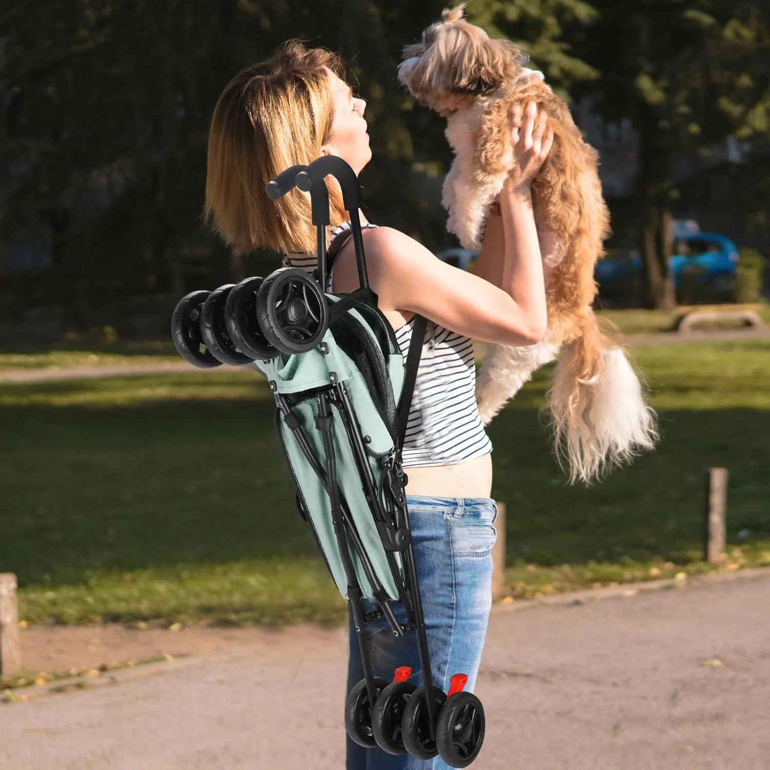 3 in 1 Pet Stroller for Small Dogs and Cats, Foldable Pet Stroller with Adjustable Handle, 6 Wheels, Breathable Mesh, Large Capacity, Easy to Carry, Green (Tealblue)