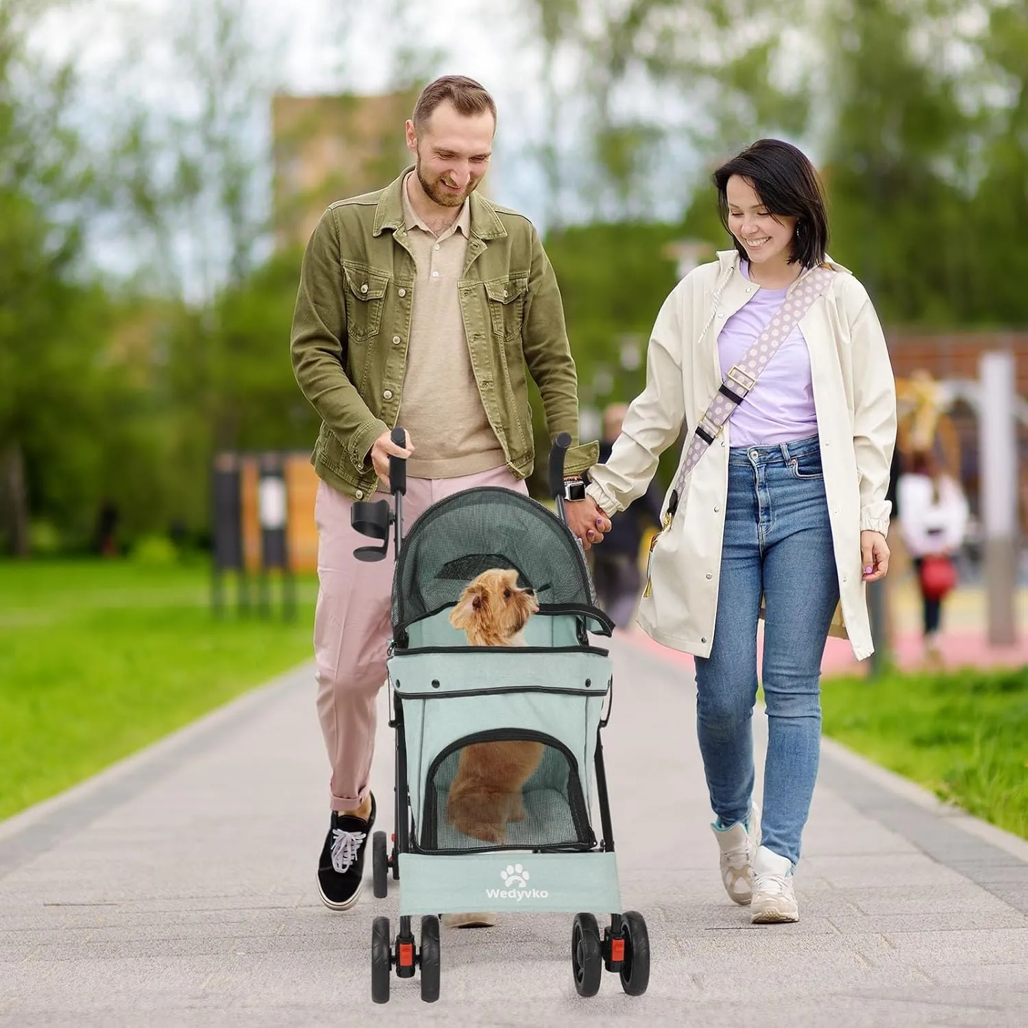 3 in 1 Pet Stroller for Small Dogs and Cats, Foldable Pet Stroller with Adjustable Handle, 6 Wheels, Breathable Mesh, Large Capacity, Easy to Carry, Green (Tealblue)