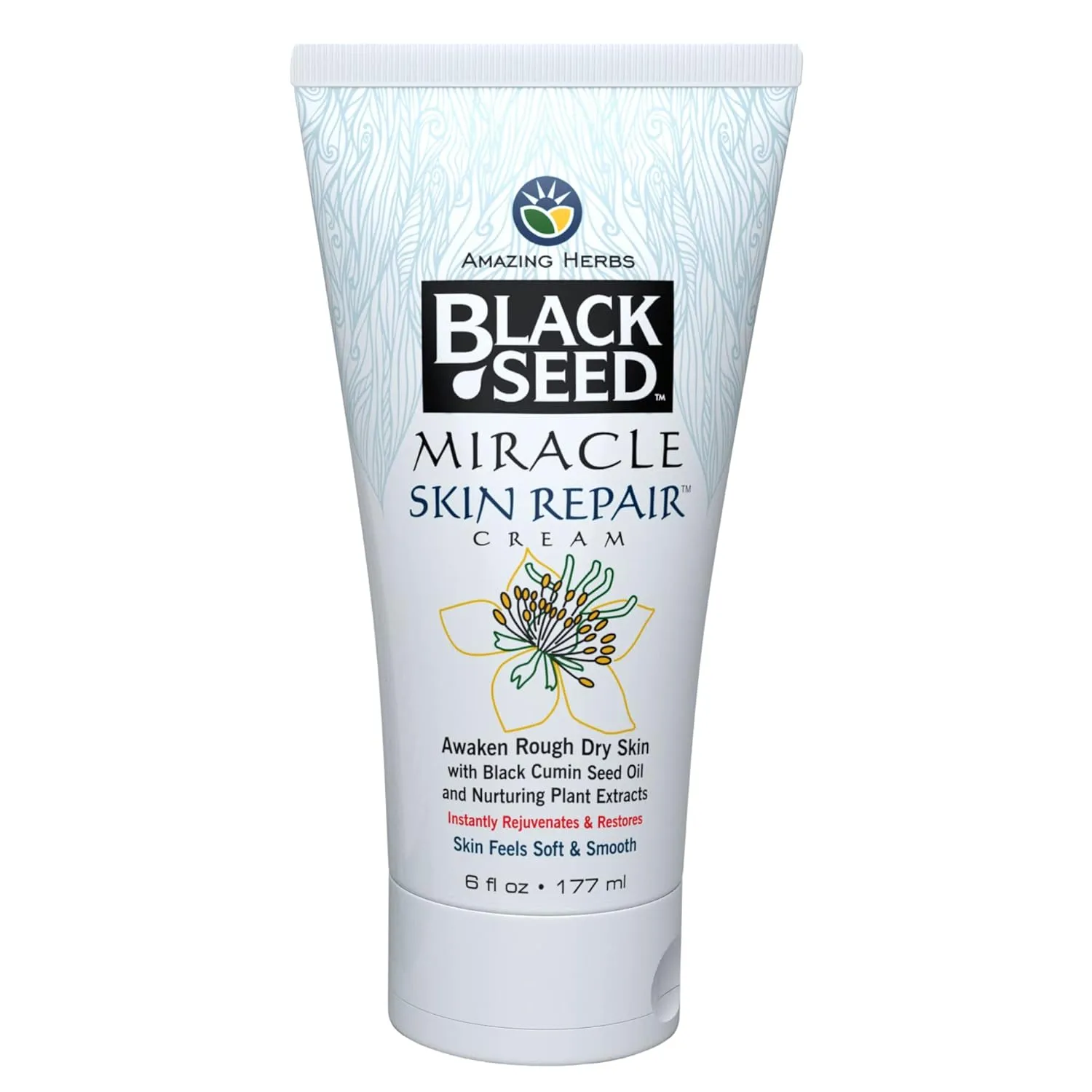 Amazing Herbs Black Seed Miracle Skin Repair Cream - Non-Allergenic Formula, Black Cumin Seed Oil, Vitamin E, and Other Essential Oils Support Collagen & Elastin Production - 6 Fl Oz