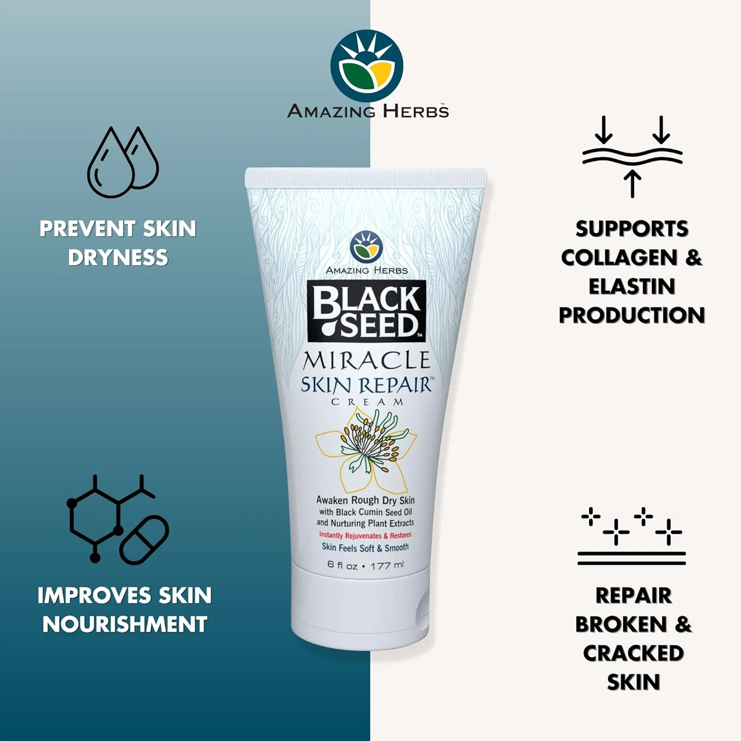 Amazing Herbs Black Seed Miracle Skin Repair Cream - Non-Allergenic Formula, Black Cumin Seed Oil, Vitamin E, and Other Essential Oils Support Collagen & Elastin Production - 6 Fl Oz