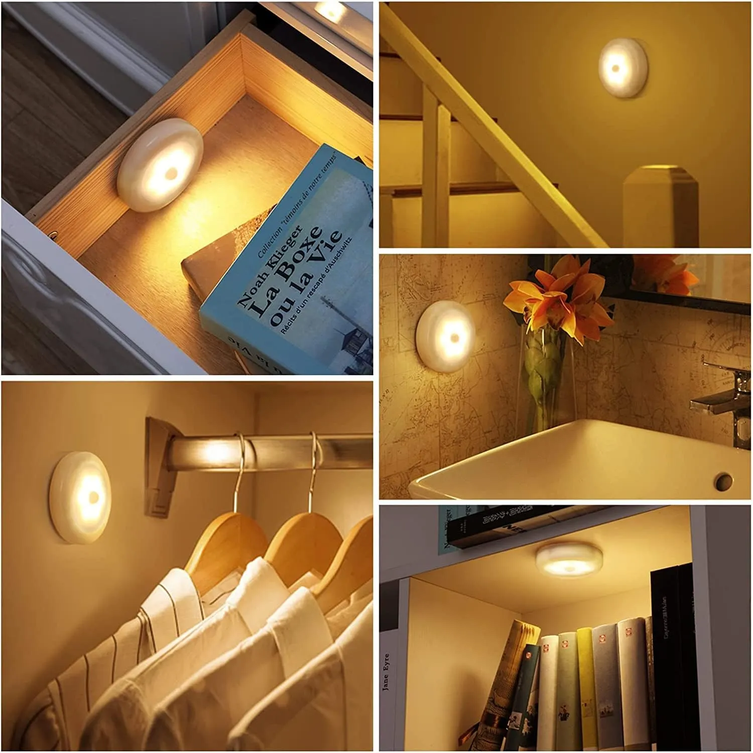 AMIR Upgraded 3.15 Motion Sensor Light Indoor, Cordless Battery Powered Stick on LED Night Lights for Closet, Stair, Under Cabinet, Hallway, Kitchen (Warm White - Pack of 6)