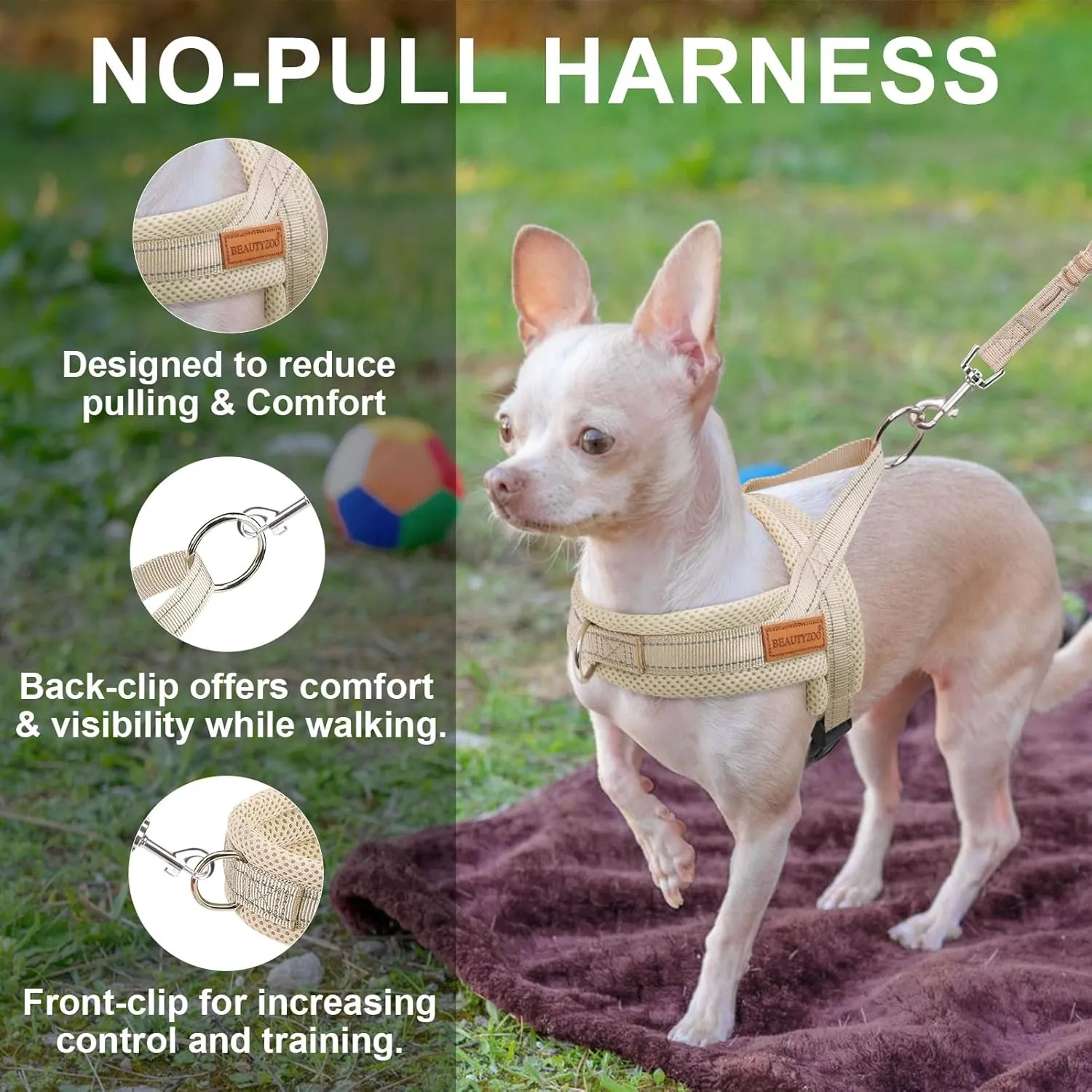 BEAUTYZOO Dog Harness for Small Dogs, No Pull Dog Harness and Leash Set, Escape Proof Puppy Vest Harness with Handle, Reflective Breathable Mesh Padded Harness for Girl Boy Dogs, Beige XXS