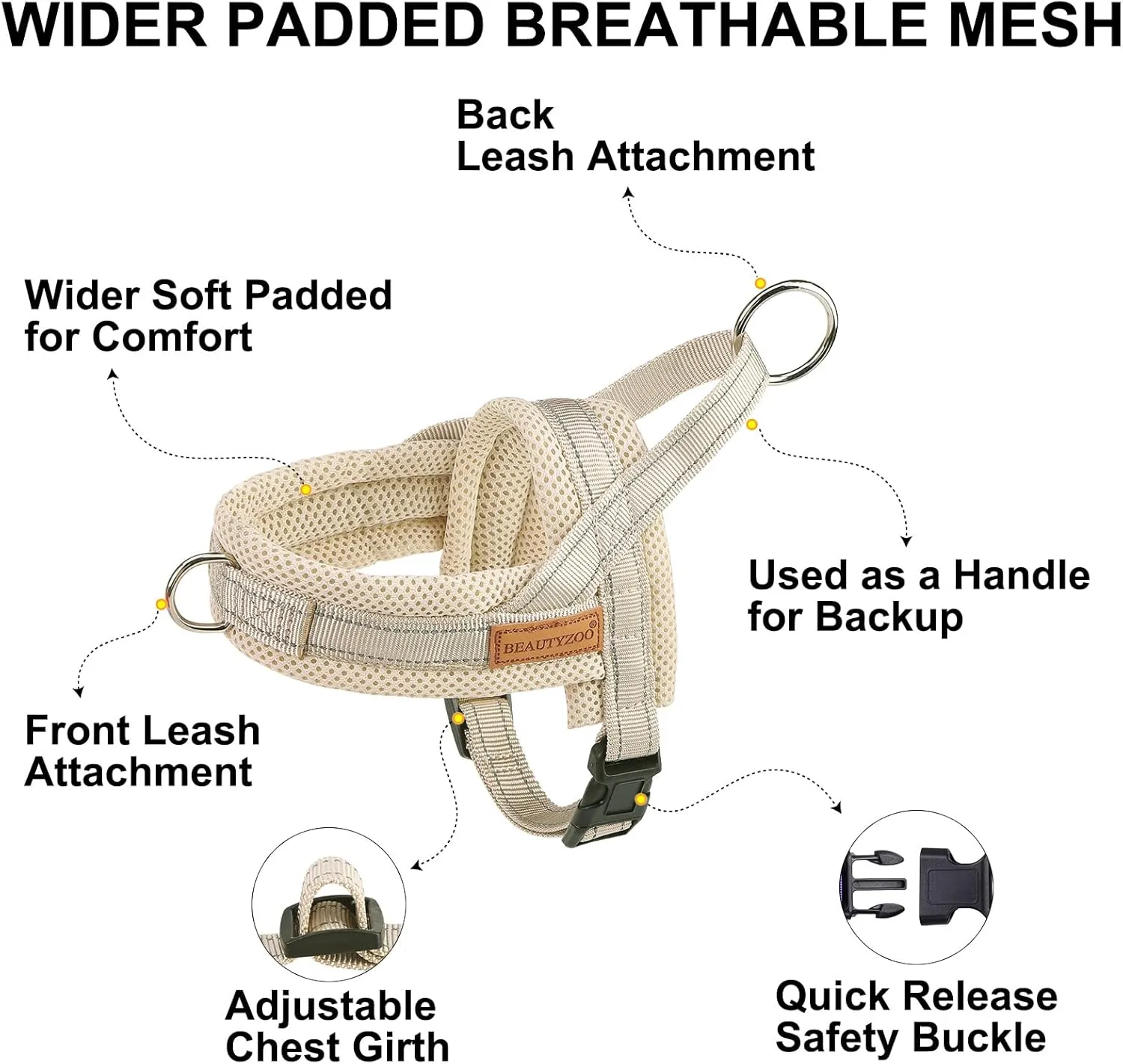 BEAUTYZOO Dog Harness for Small Dogs, No Pull Dog Harness and Leash Set, Escape Proof Puppy Vest Harness with Handle, Reflective Breathable Mesh Padded Harness for Girl Boy Dogs, Beige XXS