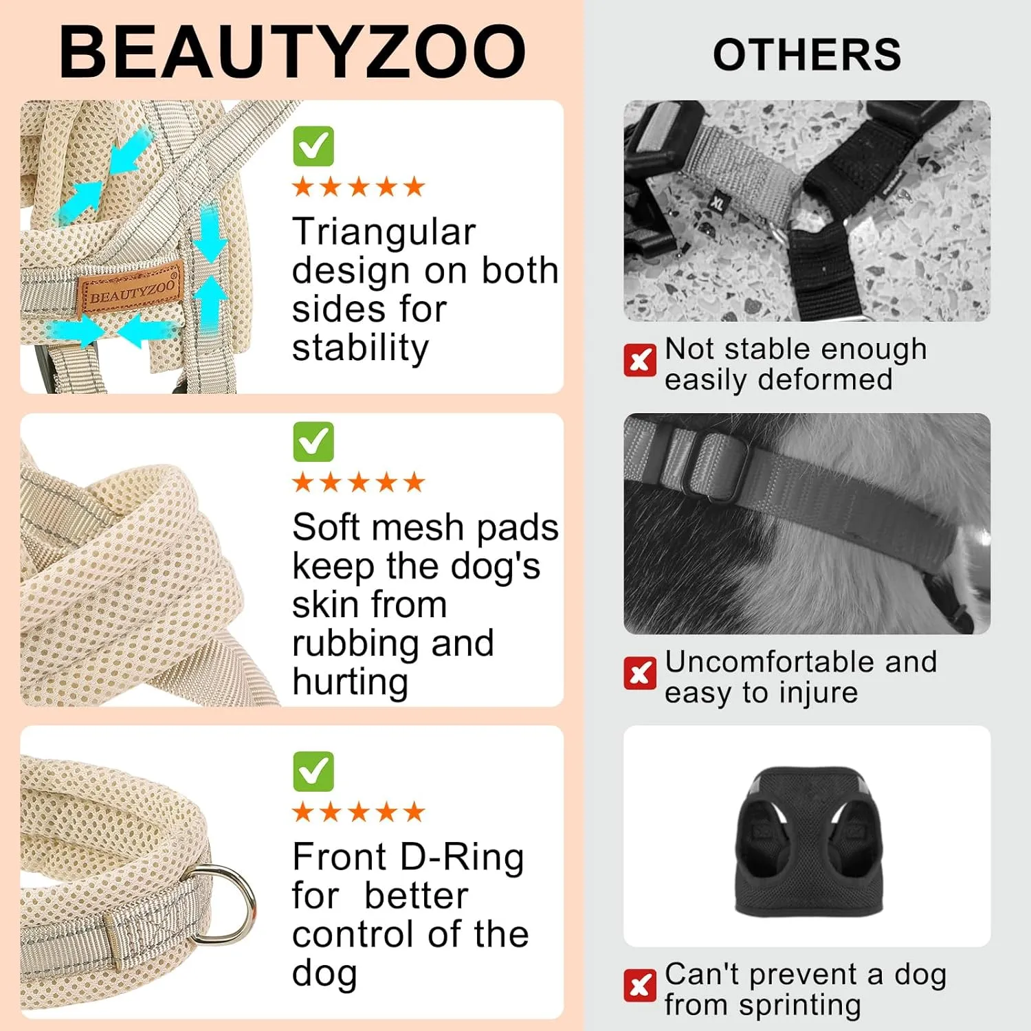BEAUTYZOO Dog Harness for Small Dogs, No Pull Dog Harness and Leash Set, Escape Proof Puppy Vest Harness with Handle, Reflective Breathable Mesh Padded Harness for Girl Boy Dogs, Beige XXS