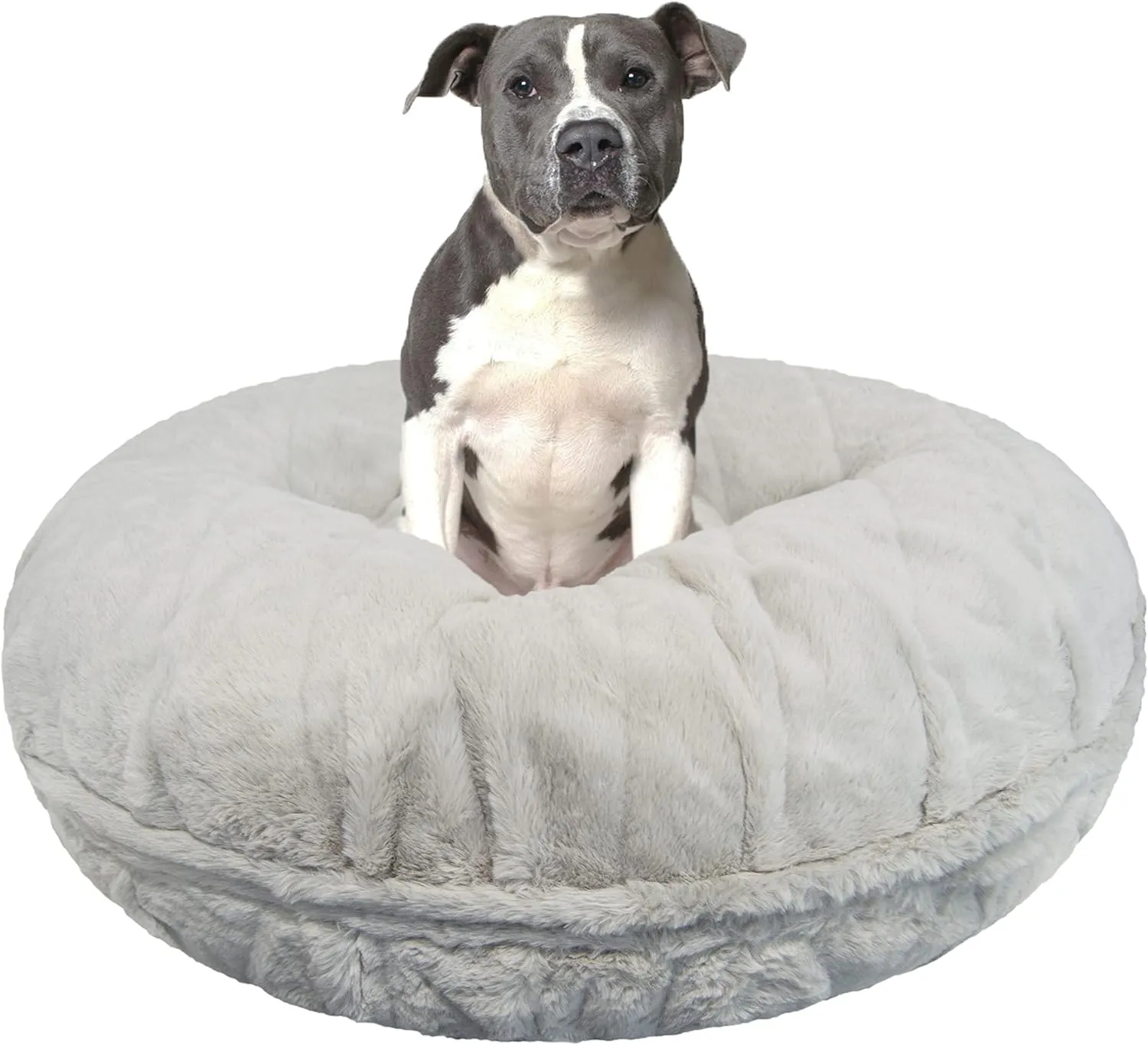 Bessie   Barnie Bagel Dog Bed - Extra Plush Faux Fur Bean Circle Waterproof Lining & Removable Washable Cover Calming Bed, Grey Stone (Bed Blanket), XL 50" (Bagel-Gyse-XL)