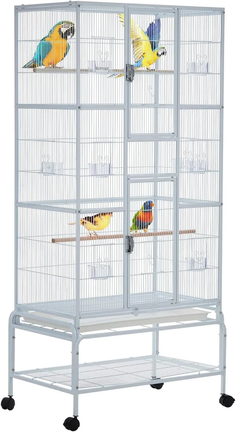 Bird Cage, 69 Inch Parakeet Cage, Extra Large Wrought Iron Feeding Bird Cage with Rolling Stand, for Parakeet, Cockatiels, Conures, Lovebirds, Parrots, Budgie,White
