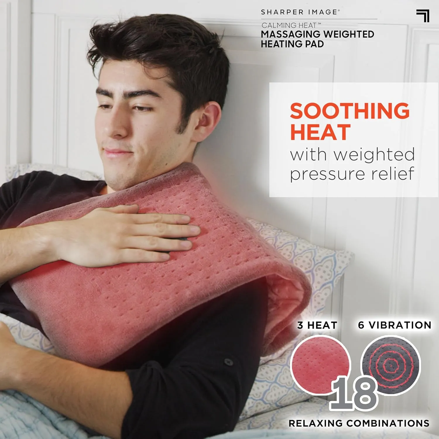 Calming Heat Massaging Weighted Heating Pad by Sharper Image- Weighted Electric Heating Pad with Massaging Vibrations, 9 Settings- 3 Heat, 6 Massage- 18 Relaxing Combinations, 12 x 24, 4 lbs
