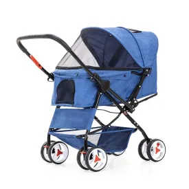 Cat/Dog Stroller Cheap Easy One-Hand Fold, 4 Wheel Dog Strollers for Medium Small Dogs Clearance, Reversible Push Handle Pet Stroller Puppy & Kitten Carrier Extended Cockpit 25in(Blue)