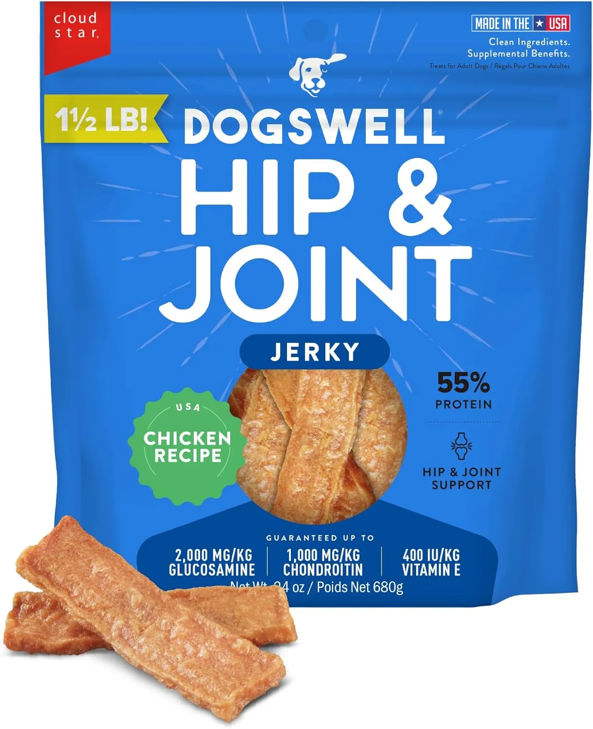 Dogswell Jerky Hip and Joint Dog Treats Grain Free Made in USA Only, Glucosamine and Chondroitin, 24 oz Chicken