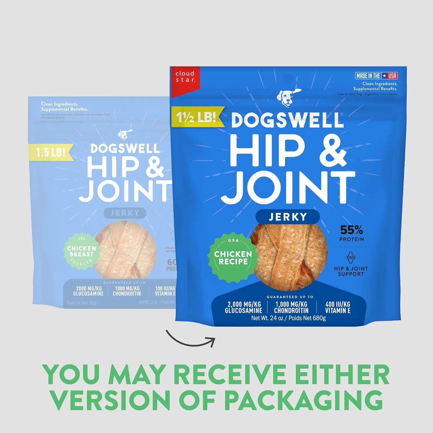 Dogswell Jerky Hip and Joint Dog Treats Grain Free Made in USA Only, Glucosamine and Chondroitin, 24 oz Chicken