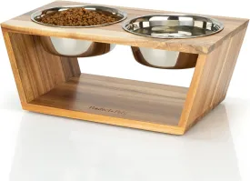 Elevated Dog Bowl Stand- 7" Raised Dog Bowl for Medium Dogs. Pet Feeder with Four Stainless Steel Bowls (Acacia)
