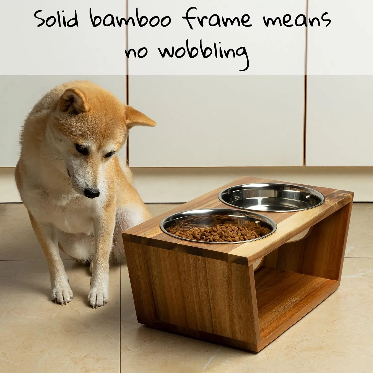 Elevated Dog Bowl Stand- 7" Raised Dog Bowl for Medium Dogs. Pet Feeder with Four Stainless Steel Bowls (Acacia)