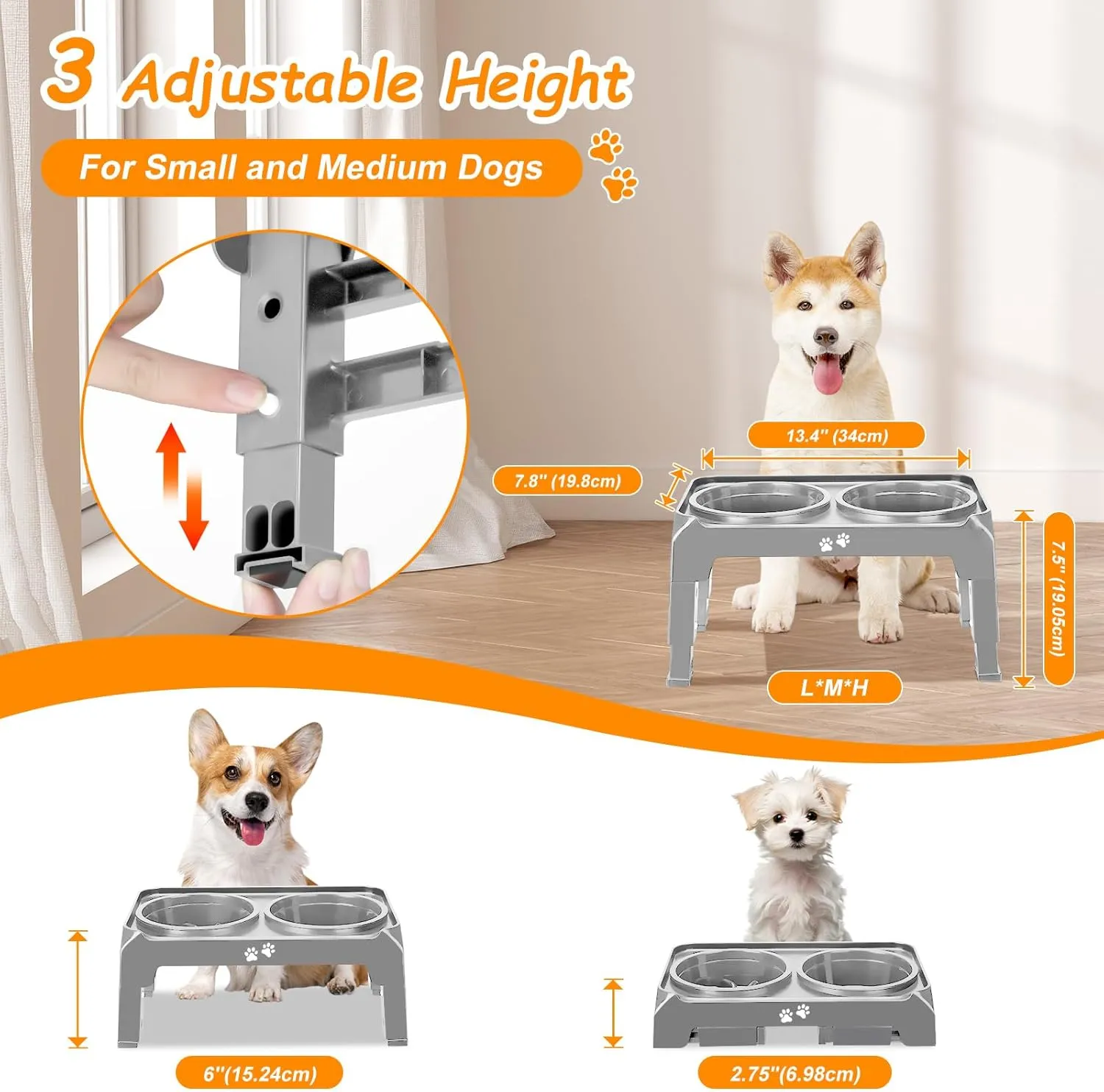 Elevated Dog Bowls 2-in-1 Slow Feeder Dog Food Bowls for Small Medium Dogs 3 Height Adjustable Raised Dog Bowl Stand Non-Slip Dog Feeder Adjusts to 2.75", 6", 7.5", Grey