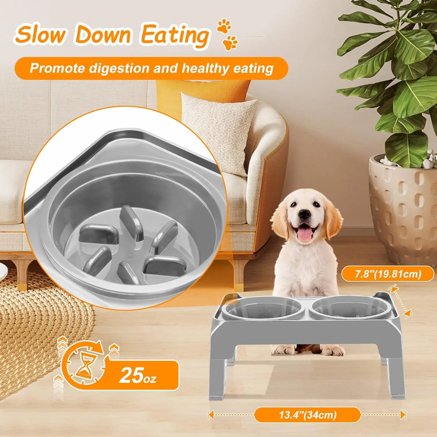 Elevated Dog Bowls 2-in-1 Slow Feeder Dog Food Bowls for Small Medium Dogs 3 Height Adjustable Raised Dog Bowl Stand Non-Slip Dog Feeder Adjusts to 2.75", 6", 7.5", Grey