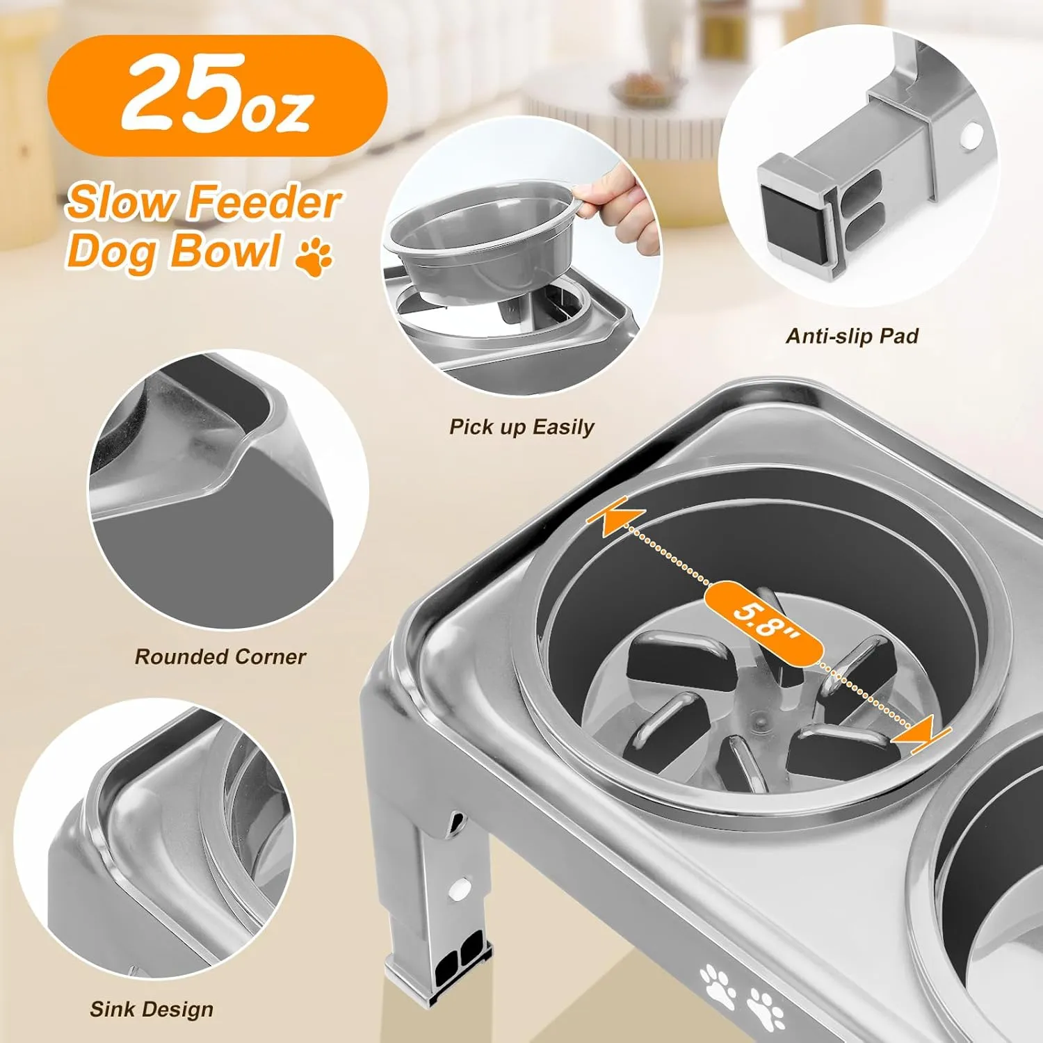 Elevated Dog Bowls 2-in-1 Slow Feeder Dog Food Bowls for Small Medium Dogs 3 Height Adjustable Raised Dog Bowl Stand Non-Slip Dog Feeder Adjusts to 2.75", 6", 7.5", Grey