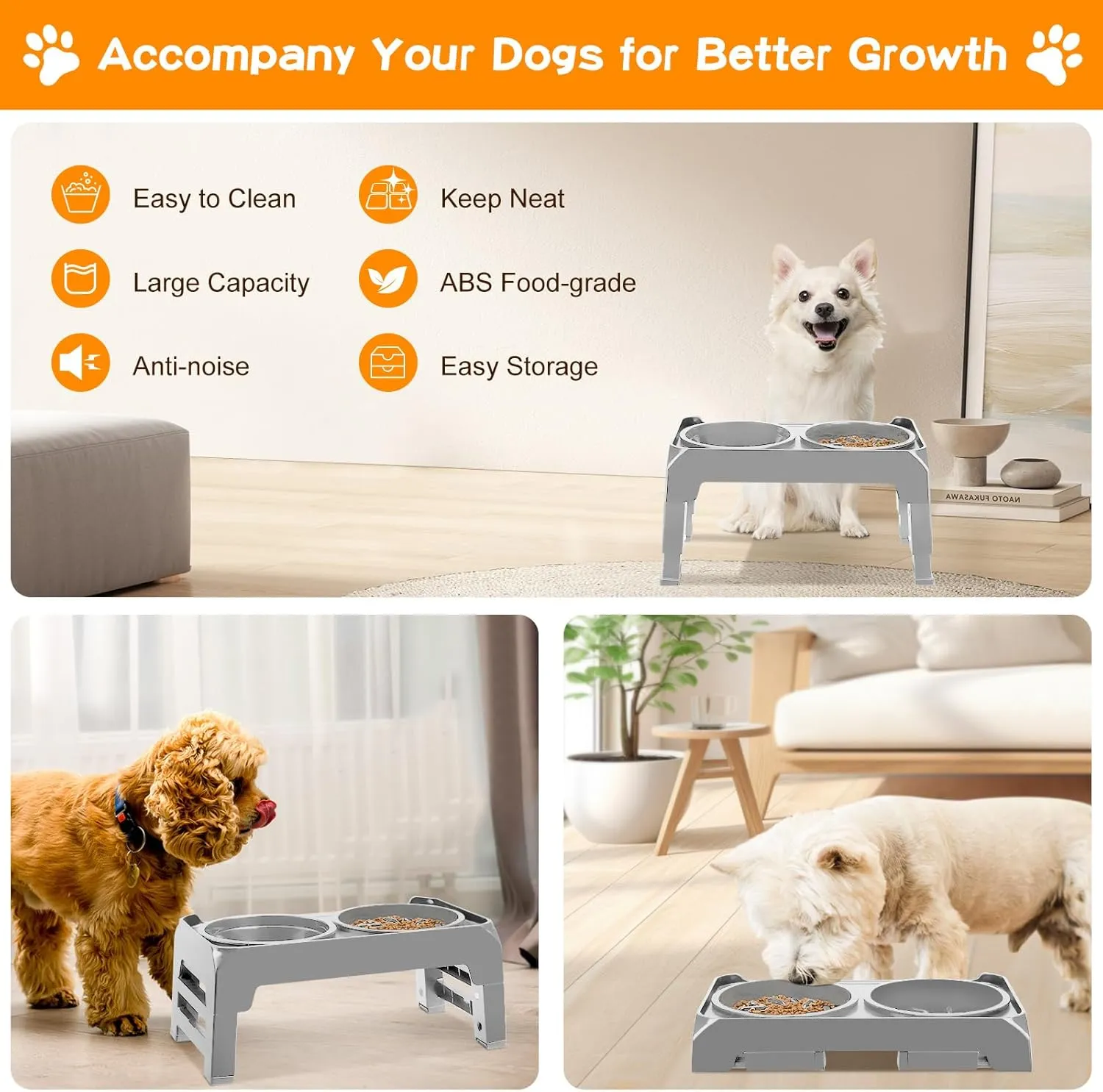 Elevated Dog Bowls 2-in-1 Slow Feeder Dog Food Bowls for Small Medium Dogs 3 Height Adjustable Raised Dog Bowl Stand Non-Slip Dog Feeder Adjusts to 2.75", 6", 7.5", Grey