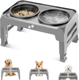 Elevated Dog Bowls 2-in-1 Slow Feeder Dog Food Bowls for Small Medium Dogs 3 Height Adjustable Raised Dog Bowl Stand Non-Slip Dog Feeder Adjusts to 2.75", 6", 7.5", Grey