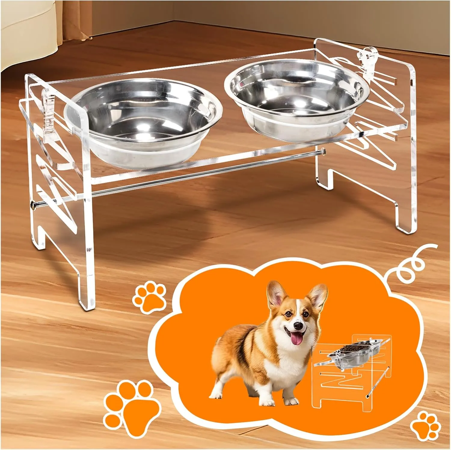 Elevated Dog Bowls with 2 Stainless Steel Dog Food Bowls, Raised Dog Bowls with Adjustable Acrylic Stand,Dog Food Stand for Small Dogs and Cats