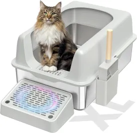 Enclosed Stainless Steel Cat Litter Box with Lid, XL Extra Large Metal Cat Litter Box for Big Cats, Non-Sticky High Side, Anti-Leakage, Easy Cleaning (Light Grey)