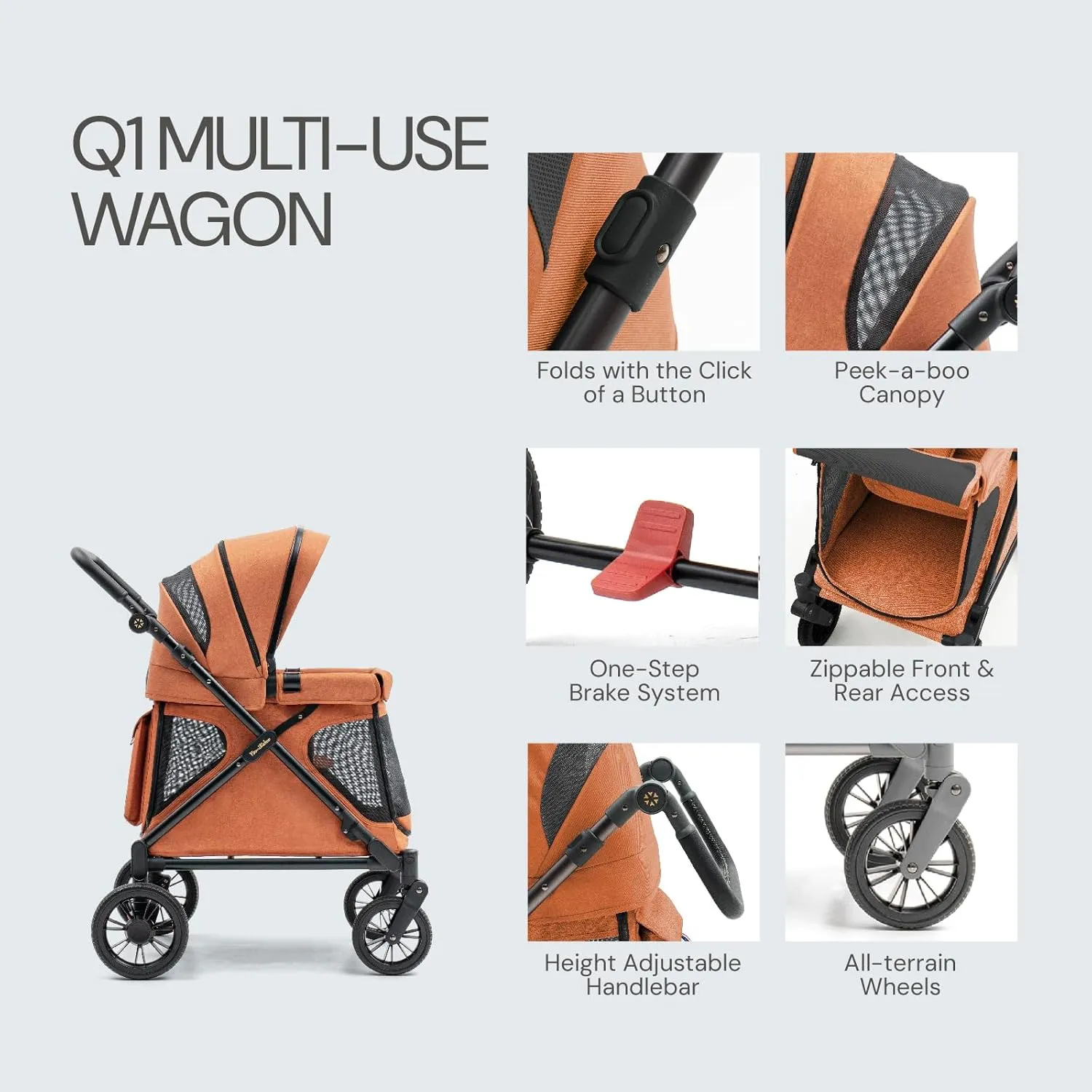 Familidoo Q1 Multi-Use Kids Wagon Stroller  Foldable, Lightweight & All-Terrain for Kids & Pets  5-Point Safety Harness, Rain Cover & Compact Travel Design  Supports Up to 132 lbs (Burnt Orange)