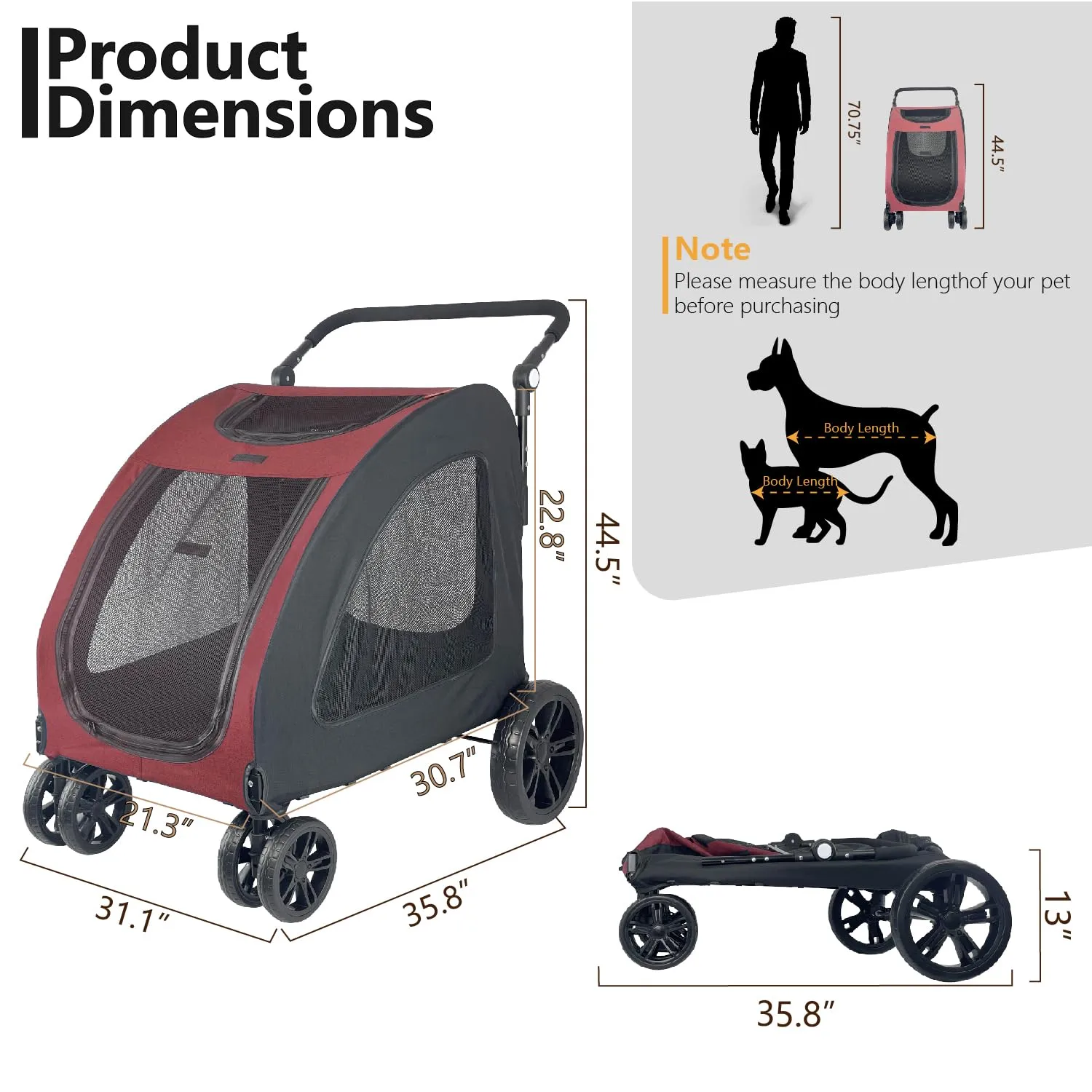Foldable Pet Jogger Stroller for Large Dogs up to 110 lbs, Universal Wheel Dog Stroller for Single or Multiple Medium and Large Dogs(Red)
