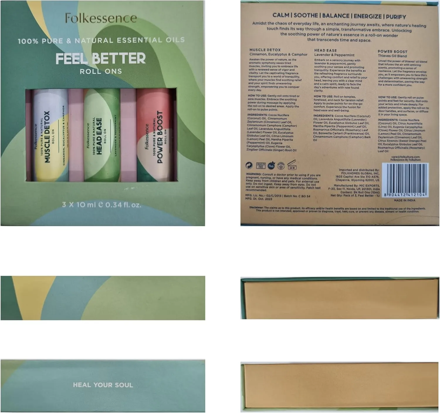 Folkulture Essential Oil Roller | Set of 3 Natural Essential Oil Roll On Blends for Skin, Massage, Relaxation | Fragrance Roll On Oils | Lavender, Peppermint, Eucalyptus, Camphor.