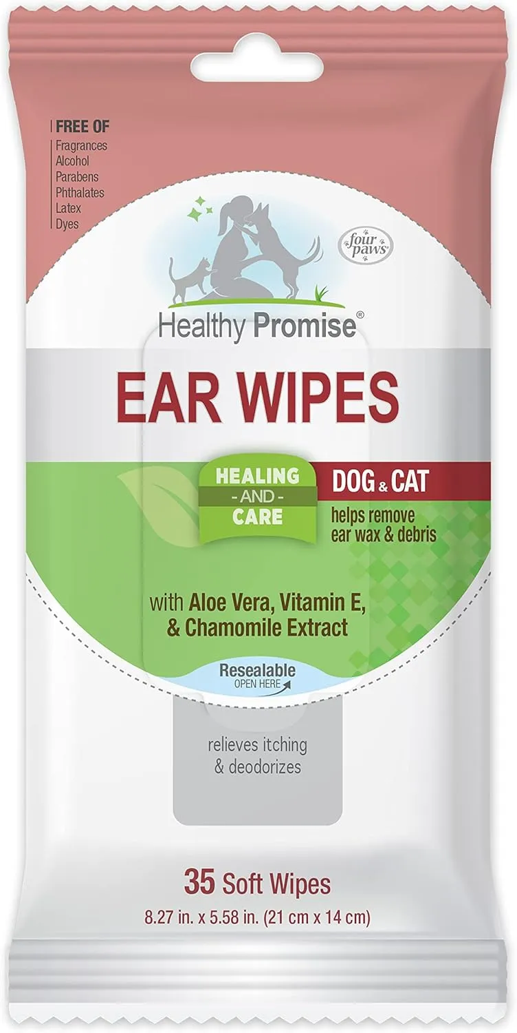 Four Paws Healthy Promise Grooming Soothing Pet Ear Cleaning Wipes, Odor Reducing & Itch Relief, 35 Count
