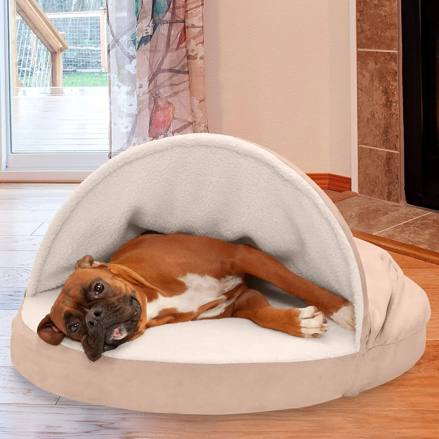 Furhaven 35" Round Memory Foam Dog Bed for Large/Medium Dogs w/ Removable Washable Cover, For Dogs Up to 50 lbs - Sherpa & Suede Snuggery - Cream, 35-inch