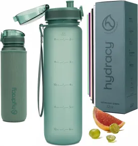 Hydracy Water Bottle with Time Marker -Large BPA Free Water Bottle & No Sweat Sleeve -Leak Proof Gym Bottle with Fruit Infuser Strainer & Times to Drink -Ideal for Fitness Sports & Outdoors