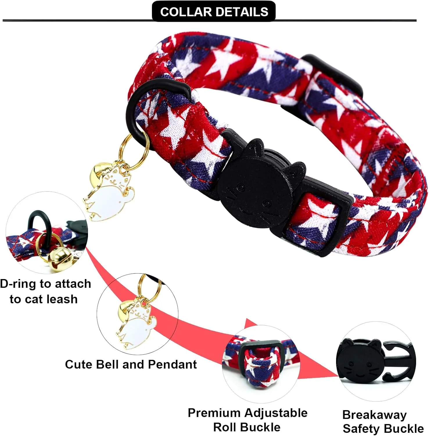 Lionheart glory American Flag Cat Collar Breakaway with Bell & Pendant Blue 4 of July Kitten Collars Soft Adjustable Safety 2 Pack Cat Collars for Cats Pet Gift Cute Patriotic Collars Summer Spring
