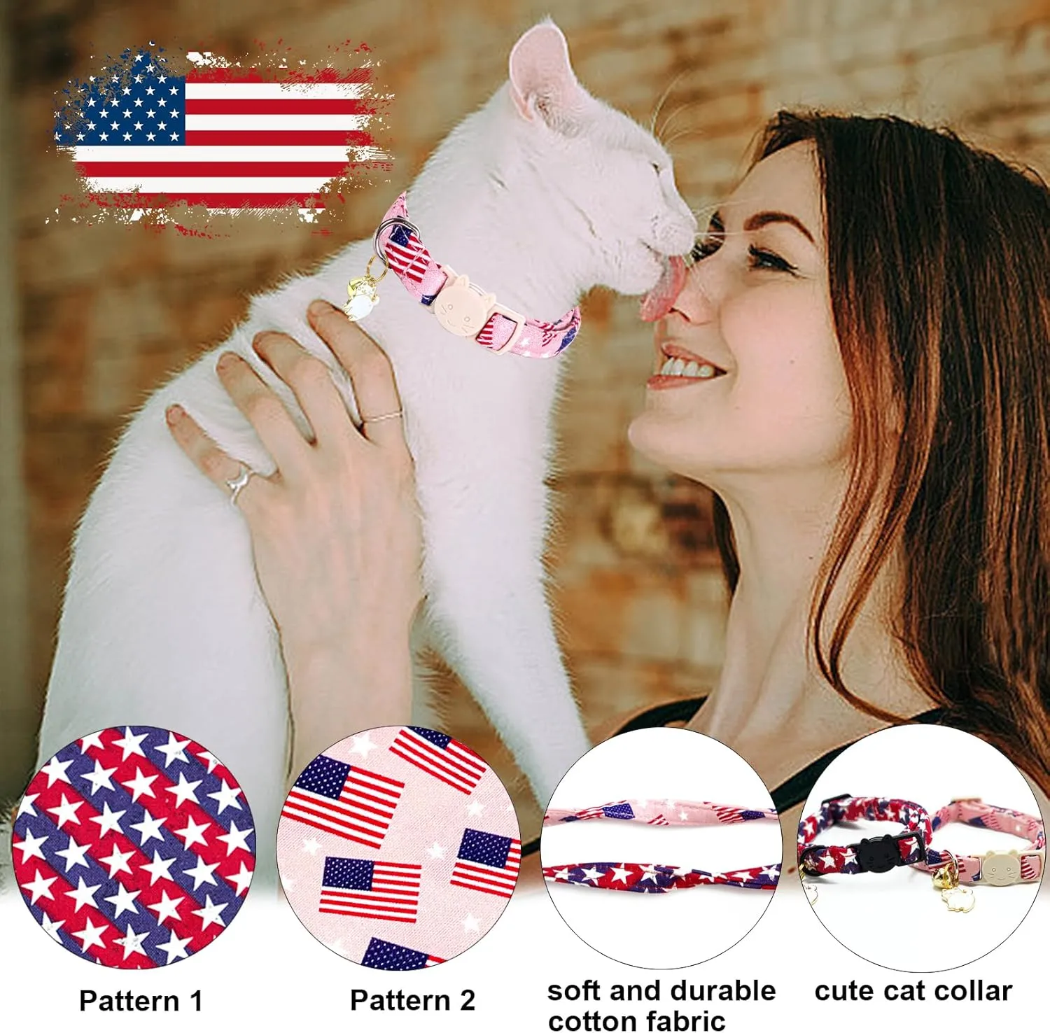 Lionheart glory American Flag Cat Collar Breakaway with Bell & Pendant Blue 4 of July Kitten Collars Soft Adjustable Safety 2 Pack Cat Collars for Cats Pet Gift Cute Patriotic Collars Summer Spring