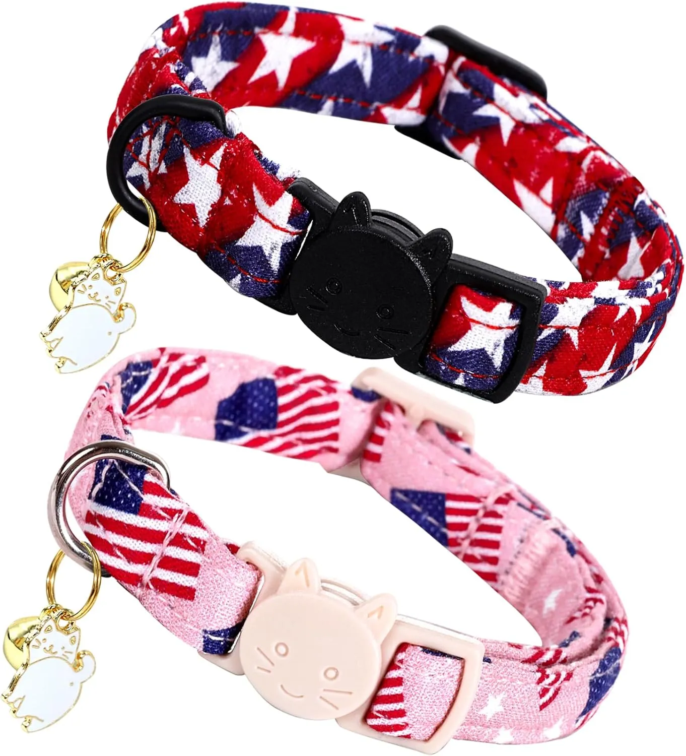 Lionheart glory American Flag Cat Collar Breakaway with Bell & Pendant Blue 4 of July Kitten Collars Soft Adjustable Safety 2 Pack Cat Collars for Cats Pet Gift Cute Patriotic Collars Summer Spring