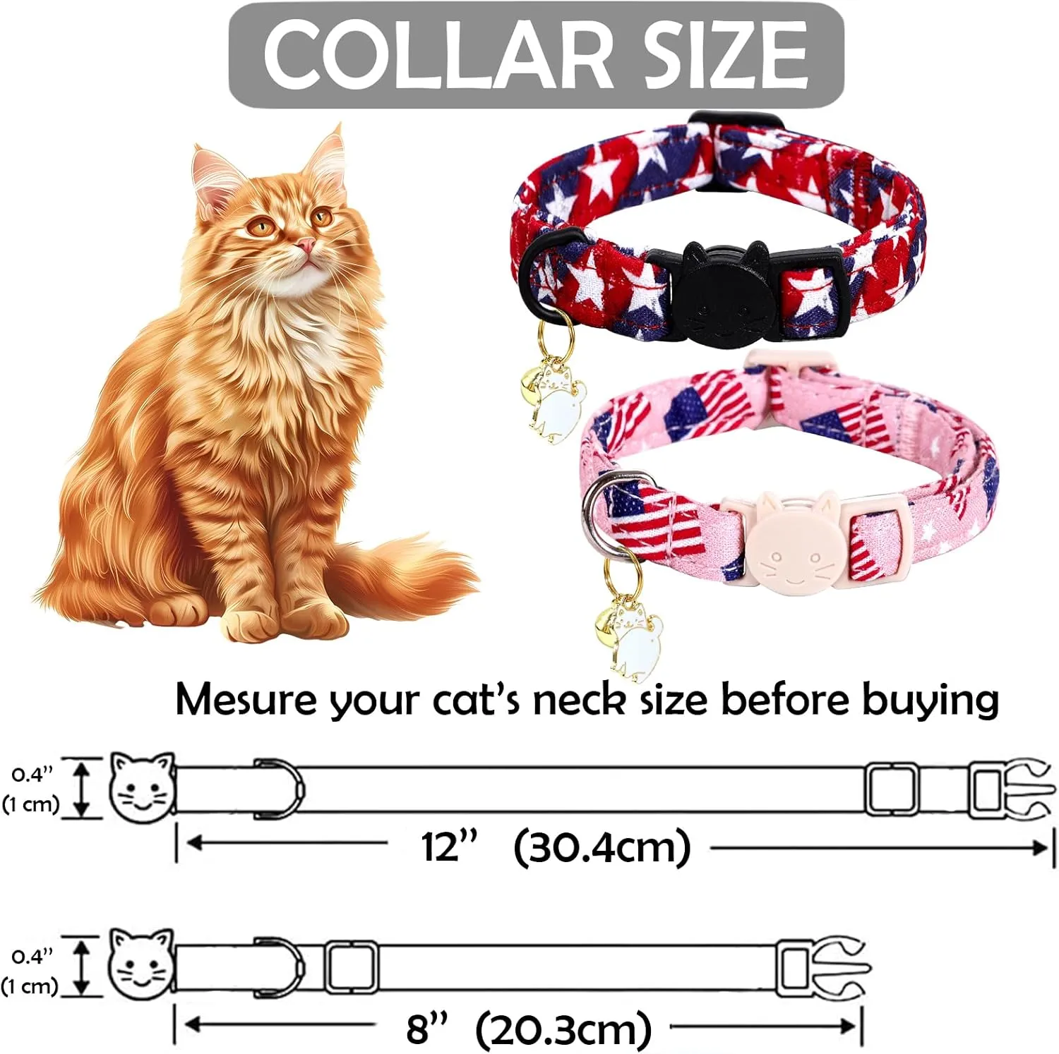 Lionheart glory American Flag Cat Collar Breakaway with Bell & Pendant Blue 4 of July Kitten Collars Soft Adjustable Safety 2 Pack Cat Collars for Cats Pet Gift Cute Patriotic Collars Summer Spring