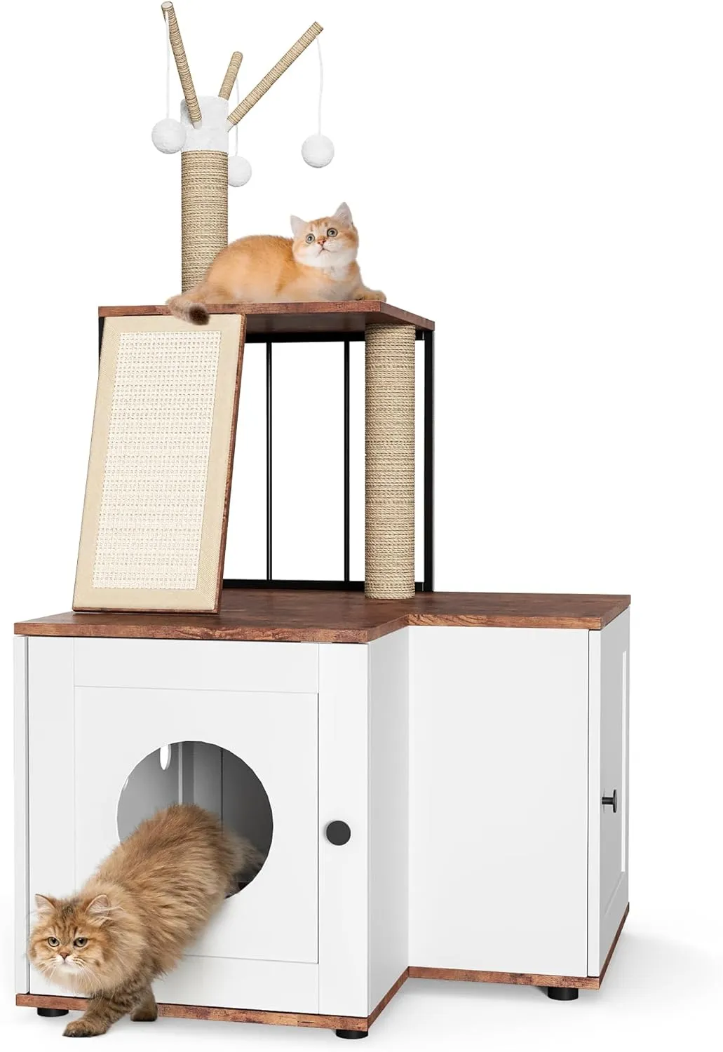 Litter Box Enclosure with Storage Cabinet, Wood L-Shaped Corner Cat House Pet Furniture with Scratching Post Board Toy Balls and Play Area
