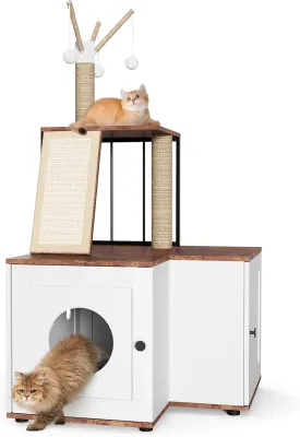Litter Box Enclosure with Storage Cabinet, Wood L-Shaped Corner Cat House Pet Furniture with Scratching Post Board Toy Balls and Play Area