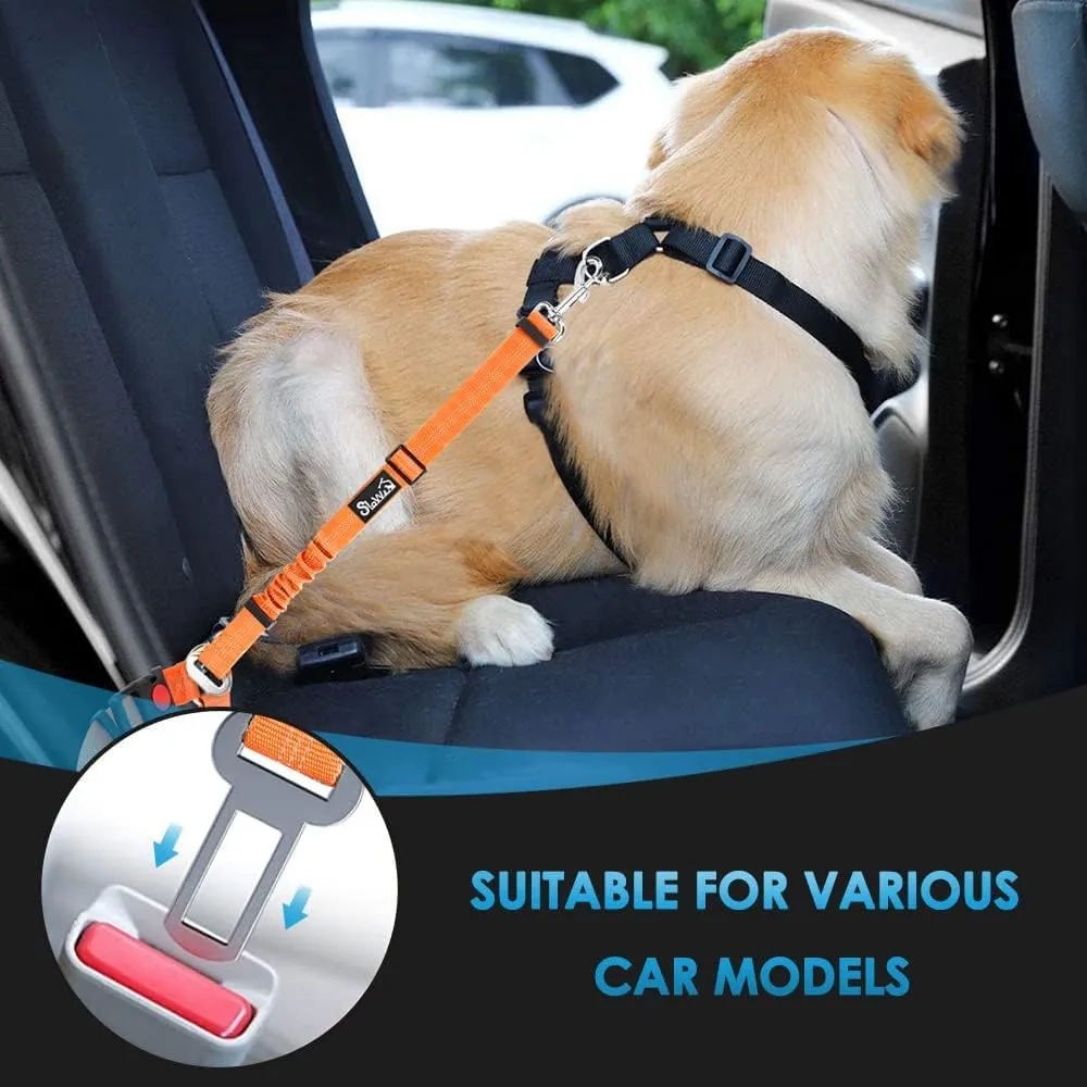 Lukovee Dog Car Seat Belt, 2 Pack Headrest Restraint Seatbelt, Adjustable Pet Safety Leads with Reflective Elastic Bungee for Dog Harness Collar Travel Daily Use (Orange,Headrest   Clip)
