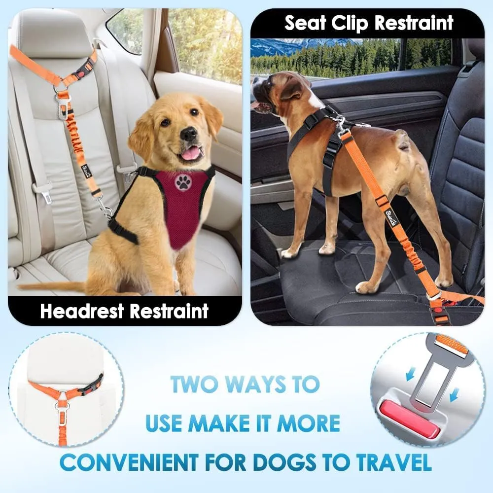 Lukovee Dog Car Seat Belt, 2 Pack Headrest Restraint Seatbelt, Adjustable Pet Safety Leads with Reflective Elastic Bungee for Dog Harness Collar Travel Daily Use (Orange,Headrest   Clip)