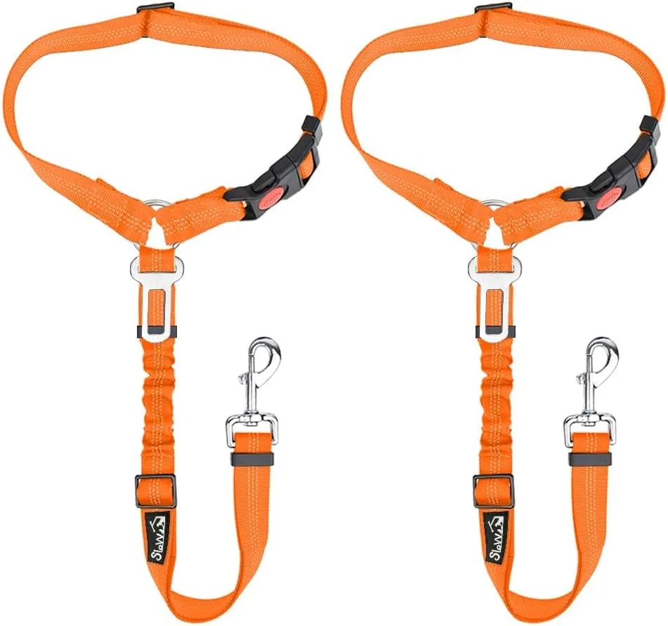 Lukovee Dog Car Seat Belt, 2 Pack Headrest Restraint Seatbelt, Adjustable Pet Safety Leads with Reflective Elastic Bungee for Dog Harness Collar Travel Daily Use (Orange,Headrest   Clip)
