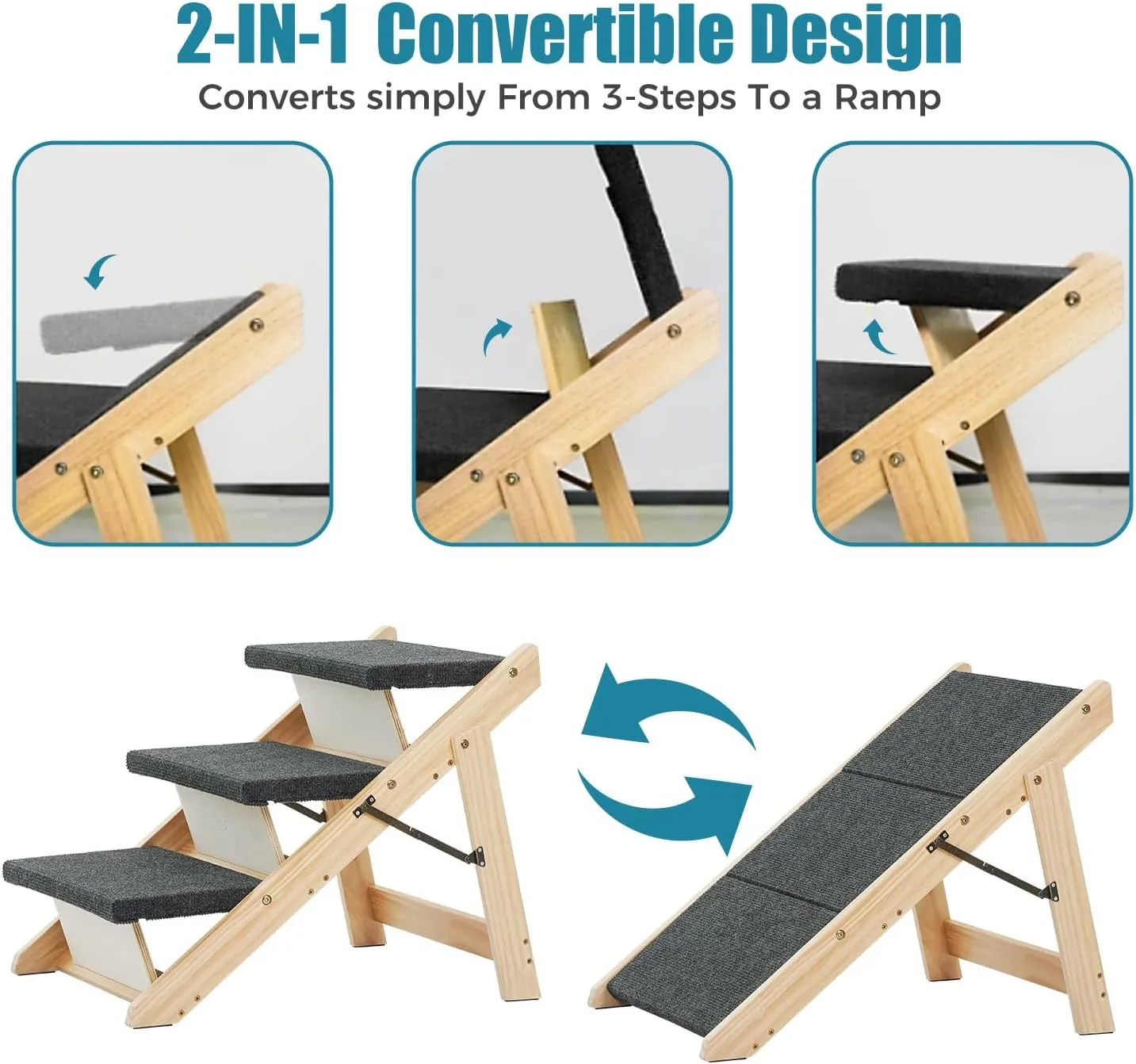 MEWANG Wood Pet Stairs/Pet Steps - Foldable 3 Levels Dog Stairs & Ramp Perfect for Beds and Cars - Portable Dog/Cat Ladder Up to 110 Pounds