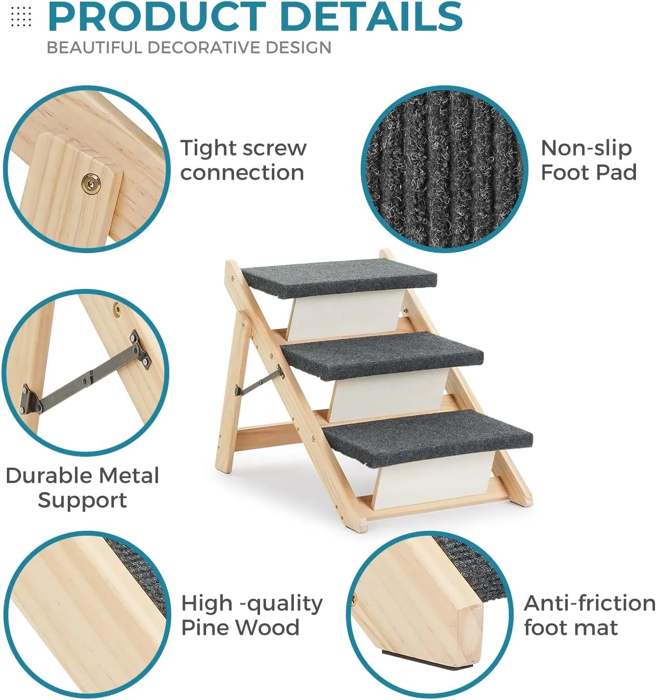 MEWANG Wood Pet Stairs/Pet Steps - Foldable 3 Levels Dog Stairs & Ramp Perfect for Beds and Cars - Portable Dog/Cat Ladder Up to 110 Pounds