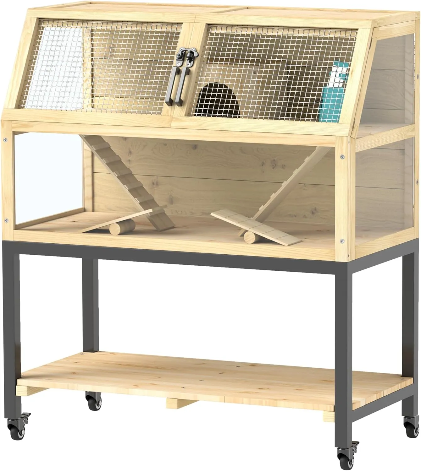 Multi-Level Wooden Hamster Cage for Syrian/Gerbils - Spacious 34 Habitat with Storage Shelf & Transparent Panels, Natural Wood
